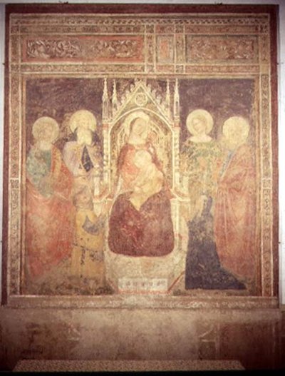 Madonna a dítě s SS. Elia, Jan Křtitel, Nicolas a Leonard (freska) od Andrea di Bonaiuto (fl.1343 77)