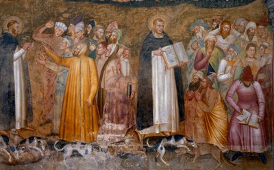 Triumf militantní církve: Tomáš Akvinský před heretiky a vpravo dole, Fra Dolcino roztrhal oficiální doktrínu církve. Kaple Spagniardů (Detail fresky, 1365) od Andrea di Bonaiuto (fl.1343 77)