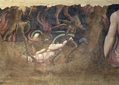 Triumf smrti, detail ďábla odnášejícího hříšníka do pekla, freska z roku 1348 od Andrea di Cione Orcagna