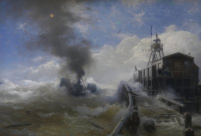 Remorkér opouští přístav Ostende při přílivu. 1878 od Andreas Achenbach