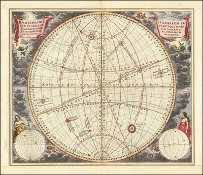 1660 nebeská mapa znázorňující pohyby svislé sféry (rovníkový souřadnicový systém) a šikmé sféry (ekliptikální souřadnicový systém). od Andreas Cellarius