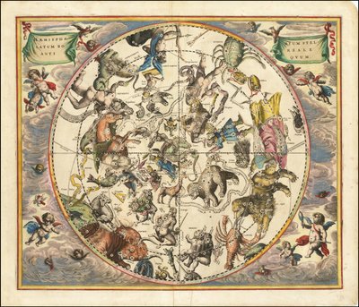 Nebeská mapa z roku 1660 znázorňující souhvězdí severní polokoule překrytá jižní polokoulí Země. od Andreas Cellarius