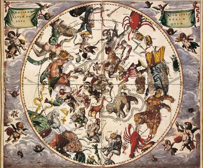 Cellarius, Andreas (1596-1665). Nebeský atlas nebo makrokosmická harmonie. 1661. Fol 24. Starověká hvězdná polokoule boreál. Zastoupení severní polokoule. Vytištěno v Amsterdamu Johannesem Janssoniusem. Raný novověk Rytina. ŠPANĚLSKO C od Andreas Cellarius