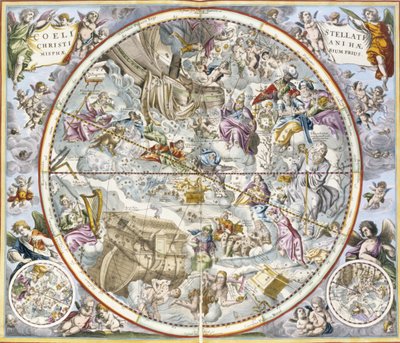 Mapa křesťanských souhvězdí podle zobrazení Julia Schillera z Nebeského atlasu nebo Atlasu Harmonie vesmíru coelestis seu harmonia macrocosmica pub. od Joannes Janssonius, Amste od Andreas Cellarius