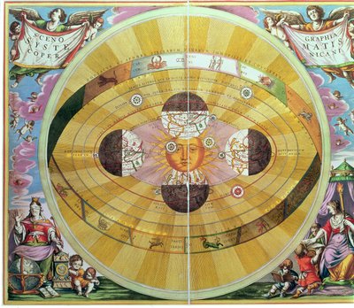 Scenographia: Astrologická mapa Systematis Copernicani (kolem roku 1543) navržená Mikulášem Koperníkem (1473-1543) z „Nebeského atlasu nebo harmonie vesmíru“ od Andreas Cellarius