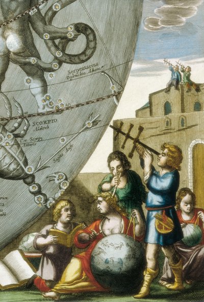 Vědci (astrologové a astronomové) studující glóby a mapu oblohy, detail z Atlas Coelestis seu Harmonia Macrocosmica od Andrease Cellariuse (1596-1665) od Andreas Cellarius