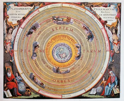Mapa světa, studium Země na základě Ptolemaiových teorií od Andreas Cellarius