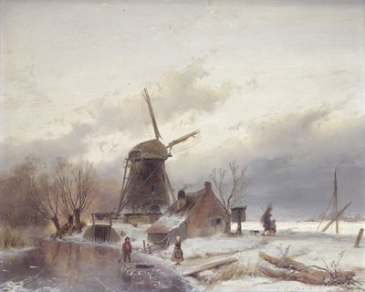 Krajina zamrzlé řeky s větrným mlýnem (olej na větrném mlýně) od Andreas Schelfhout