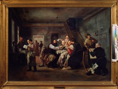 Taverna. (Scéna kolem prostřených stolů, lidé pijí čaj, mladý úředník čte tištěný arch, starý muž ukazuje rytiny amatérovi, kouří dýmku). Obraz Andrej Andrejevič Popov (1832-1896), olej na plátně od Andrei Andreevich Popov