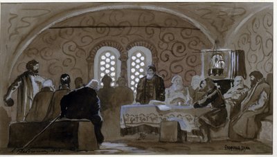 Duma v době bojarů (boiards, boiars) (The Boyar Duma). Poradní rada knížat Kyjevské Rusi (Ruthenia) v době cara Michaela I. Ruska (1596-1645). Dílo Andreje Petroviče Rjabuškina (Riaboutchkine) (1861-1904), akvarel od Andrei Petrovich Ryabushkin