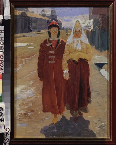 Návštěvní výlet. (pár elegantních Bojarů (boiardů, boiarů) v tradičních oděvech, procházejících ulicí vesnice s dřevěnými domy.) Malba Andreje Petroviče Rjabuškina (Riaboutchkine) (1861-1904), olej na plátně od Andrei Petrovich Ryabushkin
