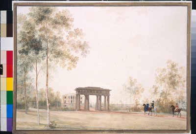 ""Brána do parku v Carskoje Selo"" od Andreje Jefimoviče Martynova (1768-1826), Kvaš na papíře po roce 1821, 38,5x51,5, Státní Treťjakovská galerie, Moskva od Andrei Yefimovich Martynov
