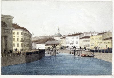 Le pont Bolshoi Koniushennyi a Petrohrad. (Bolšoj Koniushennyi most v Petrohradu). Lithographie et aquarelle od Andreje Jefimoviče Martynova (1768-1826) od Andrei Yefimovich Martynov