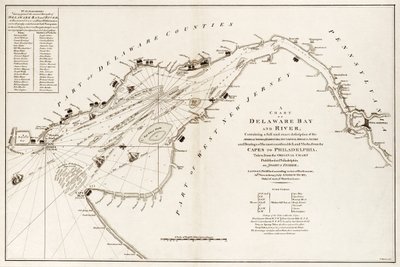 Mapa Delawarského zálivu a řeky, obsahující úplný a přesný popis břehů, zátok, přístavů, hloubek, mělčin, písků a poloh nejvýznamnějších pevninských bodů od mysů po Filadelfii. od Andrew & Haydon W. Dury