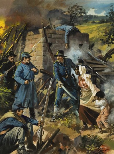 John Brown 30. srpna 1856 při zadržení skupiny mužů podporujících otroctví (kvaš na papíře) od Andrew Howat