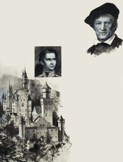 Ludvík II. bavorský a jeho zámek Neuschwanstein (kvaš na papíře) od Andrew Howat