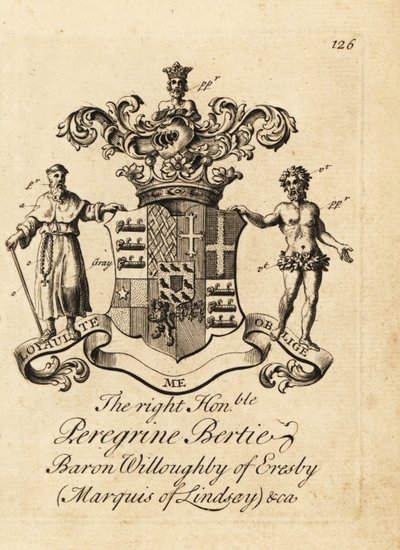 Erb pravého ctihodného Peregrina Bertieho, barona Willoughbyho z Eresby, markýze z Lindsay, druhého vévody z Ancasteru a Kestevenu od Andrew Johnston