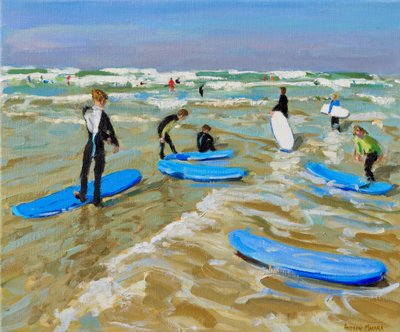 Modrá surfovací prkna, Bude. 20x24", 2019, (olej na plátně) od Andrew Macara