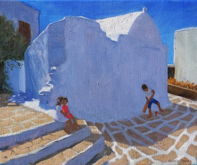 Cvrček u zdi kostela, Mykonos ( olej na plátně) od Andrew Macara