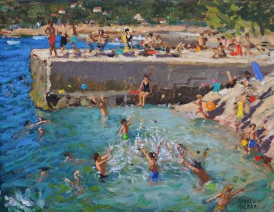 Zábava v moři, Rovinj, Chorvatsko, 2016, (olej na plátně) od Andrew Macara