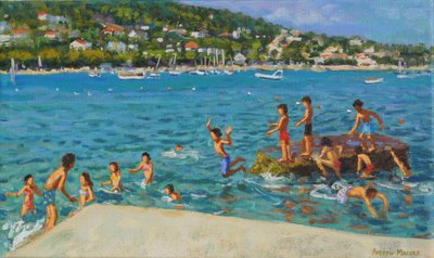 Skákání ze skal; Cinque Terre, Positano, Itálie, 2000 (olej na plátně) od Andrew Macara