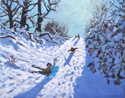 Sáňkování, Calke Abbey, Ticknall, Derby, 2021 (olej na plátně) od Andrew Macara