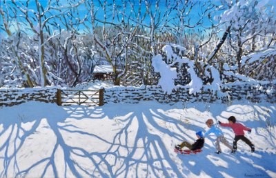 Sáňkování, Gambols Lane, Dovehead, High Peak, Derbyshire, 2021 (olej na plátně) od Andrew Macara