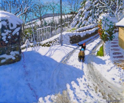 Sáňkování ve Wirksworthu, Derbyshire, 2024 ( olej na plátně) od Andrew Macara