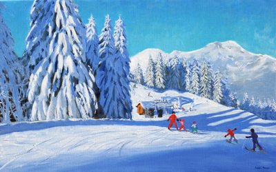 Lekce lyžování, Morzine, 2015 (olej na plátně) od Andrew Macara