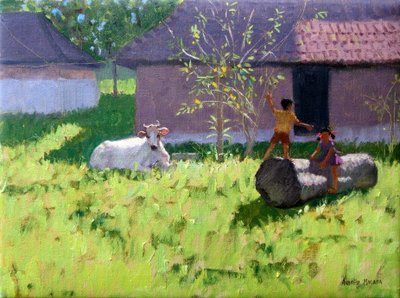 BÍLÁ KRÁVA A DVĚ DĚTI, OSTROV MANKOTTA, KERALA, INDIE od Andrew Macara