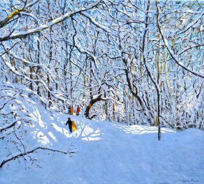 Žluté a oranžové sáňky, Allestree Park, Derby. 36 x 40, 2018, od Andrew Macara