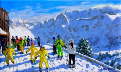 Mladí lyžaři ve žlutém, Val Gardena Itálie.12x20 od Andrew Macara