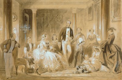 Královská rodina v jídelně v Osborne House (tužka s mytím na papíře) od Ange-Louis (1815-72) Janet