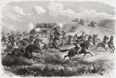 Indiáni útočící na transkontinentální dostavník v roce 1867, ilustrace ze „Světa v rukou“, vyrytý Charlesem Laplantem († 1903), vydáno 1878 od Ange Louis Janet