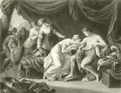 Jed vysál z rány prince Edwarda jeho choť Eleanor od Angelica Kauffmann
