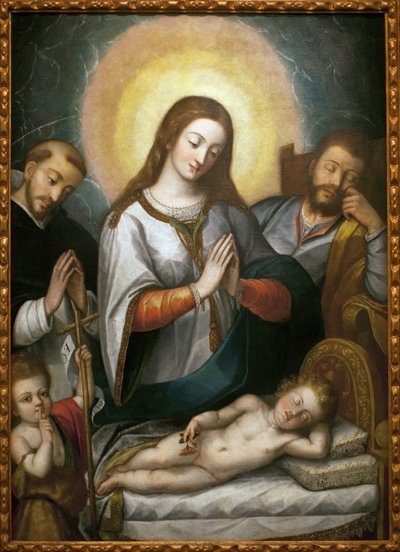 Svatá rodina se svatým Janem Křtitelem a svatým Dominikem. Obraz Angelino Medoro (1576-1633), olej na plátně od Angelino Medoro