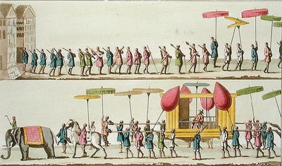 Procesí barmského krále, ilustrace z „Le Costume Ancien et Moderne“ od Giulia Ferraria, vydáno kolem 20.–30. let 18. století (barevná rytina) od Angelo (after) Biasioli