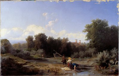 Krajina aneb „Rybaření““ (Rybaření v řece) Malba Angela Beccaria (1820-1897) 1855 Rozměr 94x146 cm Genes, Galleria d