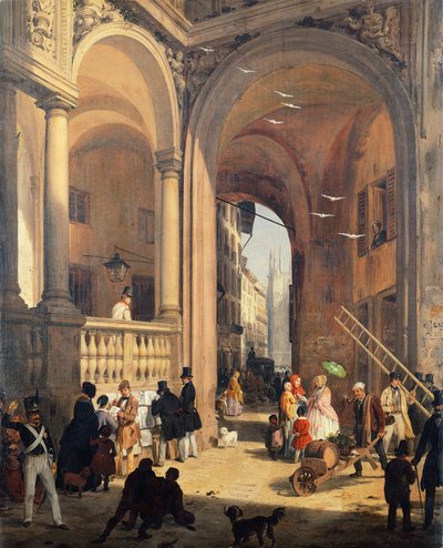 Piazza dei Mercanti aneb Přechod ze Starého náměstí obchodníků s rybami od Angelo Inganni