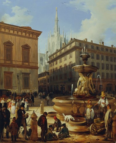Pohled na ulici z Milána, v pozadí katedrála od Angelo Inganni