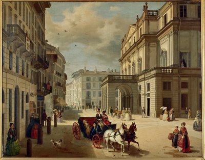 Průčelí milánského divadla Teatro della Scala od Giuseppe Piermariniho (malba na plátně) od Angelo Inganni