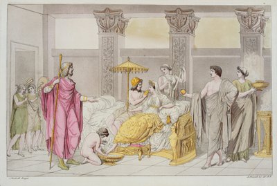 Svatba Odyssea a Penelope, ilustrace z Le Costume Ancien ou Moderne od Julese Ferraria, rytina A. Biasoli, Milán 1821 (barevná rytina) od Angelo Monticelli