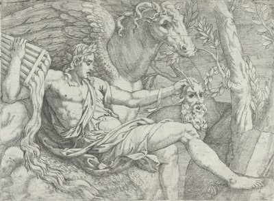 Apollo držící dýmky v pravé ruce doprovázený Pegasem, 1556-60. od Angiolo Falconetto