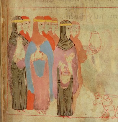 Cott Claud B IV f.76 Ženy se zlatými čelenkami, z Aelfric Pentateuch, ze St. Augustine