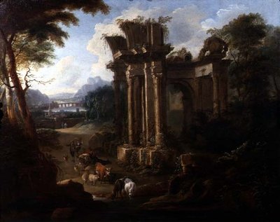 Klasická krajina s pastevcem napájejícím dobytek, kolem roku 1720 (olej na plátně) od Anglo Flemish School