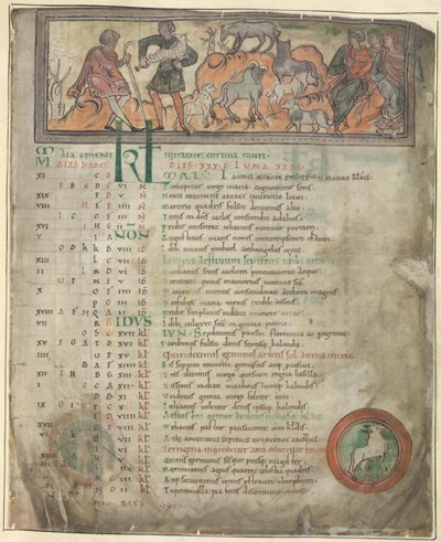 Cotton Tiberius B. V, 1. část, f.5 Kalendářní stránka na květen. Péče o ovce. Dva pastýři se svým stádem, jeden drží lump, a tři sedící postavy. U nohou Beran v rondelu od Anglo Saxon
