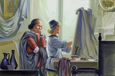 Mladý Leonardo da Vinci asistuje svému mistrovi Verrocchiovi při práci na Křtu Krista (kvaš na papíře) od Angus McBride