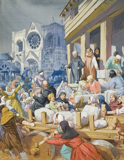 Opat Suger (asi 1081-1151) a stavba opatství St Denis (kvaš na papíře) od Angus McBride