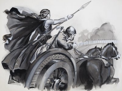 Boadicea rozdmýchávající zuřivost Britů proti jejich římským vládcům (kvaš na papíře) od Angus McBride