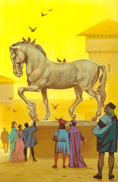 Hliněná socha koně od Leonarda da Vinciho (kvaš na papíře) od Angus McBride